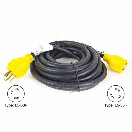 SUPERIOR ELECTRIC Generator Extension Cord NEMA L5-30P 30 Amp 3 Pole SJTW NEMA L5-30R 10AWG/3, 25ft RVA1554